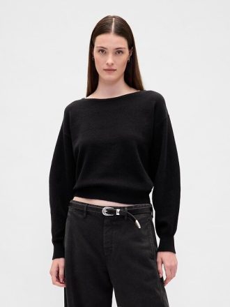 CashSoft Stretch Lantern-Sleeve Crop Sweter