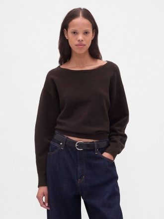 CashSoft Stretch Lantern-Sleeve Crop Sweter