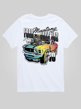 Dziecięca koszulka z krótkim rękawem i grafiką Ford Mustang 1970 w tęczowym kolorze