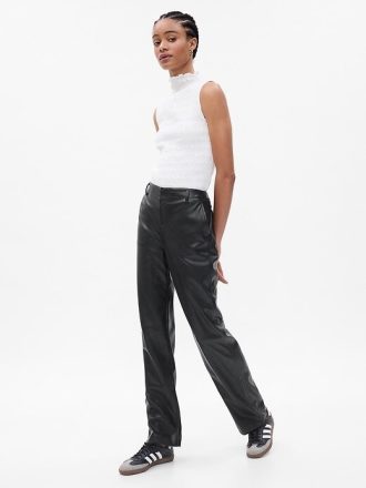 Luźne spodnie ze skóry wegańskiej ze średnim stanem