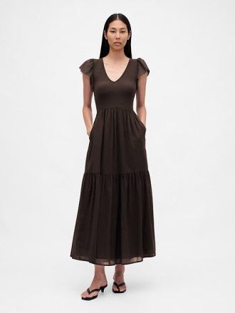 Nowoczesna sukienka maxi z falbanką w stylu mixed media