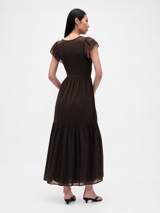 Nowoczesna sukienka maxi z falbanką w stylu mixed media