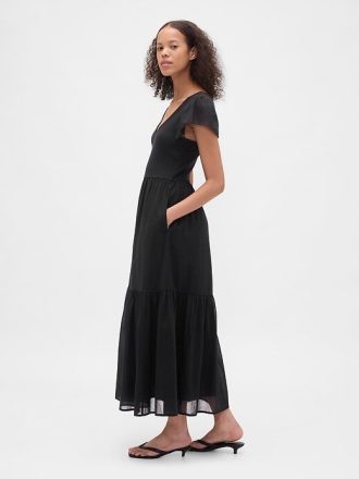 Nowoczesna sukienka maxi z falbanką w stylu mixed media