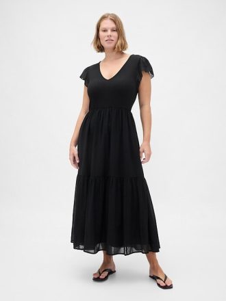 Nowoczesna sukienka maxi z falbanką w stylu mixed media