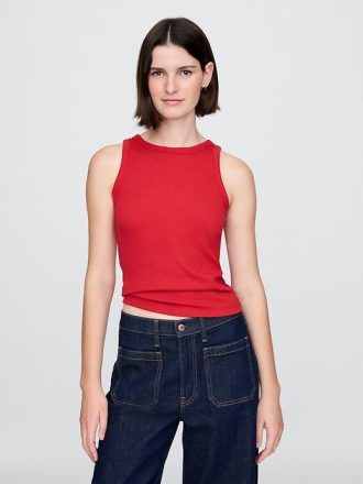 Nowoczesny top typu halter z prążkowanym dekoltem
