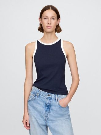 Nowoczesny top typu halter z prążkowanym dekoltem