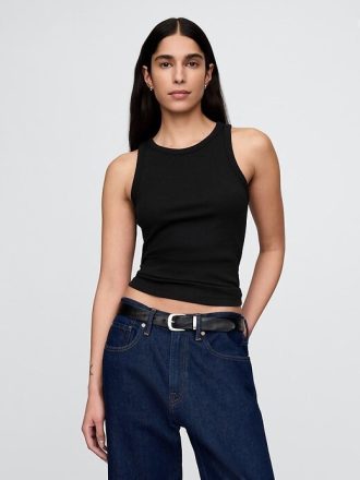 Nowoczesny top typu halter z prążkowanym dekoltem