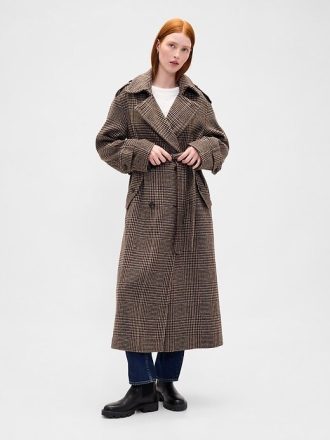 Płaszcz typu trencz z mieszanki wełny w jodełkę