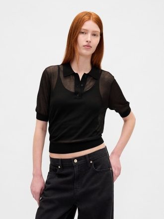 Prześwitujący krótki sweter polo