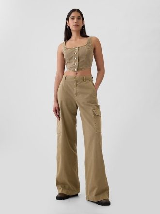 Spodnie cargo baggy khaki ze średnim stanem