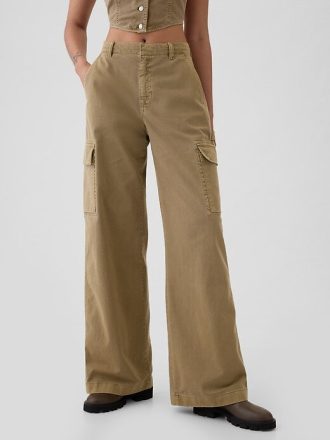 Spodnie cargo baggy khaki ze średnim stanem