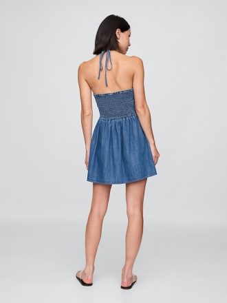 Sukienka mini z denimu z falbanką i dekoltem halter