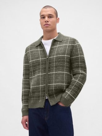 Sweter w kratę szczotkowaną z zamkiem błyskawicznym