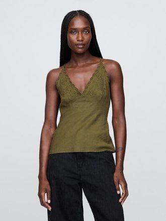Top typu halter z mieszanki lnu i haftu