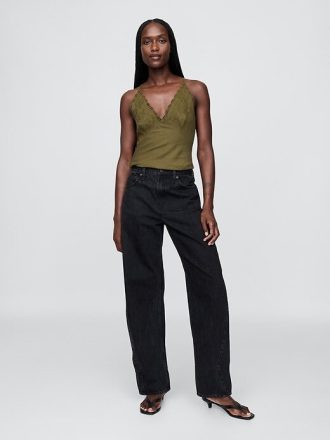 Top typu halter z mieszanki lnu i haftu